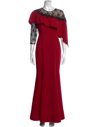 Pre-owned Marchesa Notte Lace Pattern Long Dress In Red