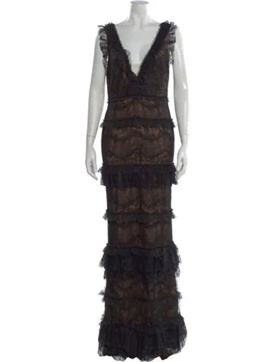 Pre-owned Marchesa Notte Lace Pattern Long Dress W/ Tags In Black