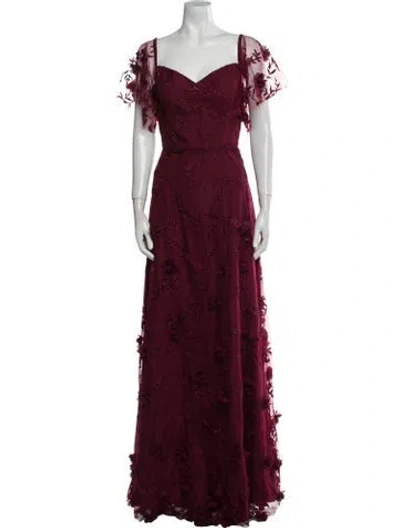 Pre-owned Marchesa Notte Lace Pattern Long Dress W/ Tags In Burgundy
