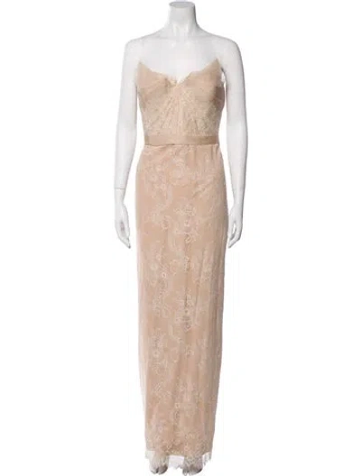 Pre-owned Marchesa Notte Lace Pattern Long Dress In White