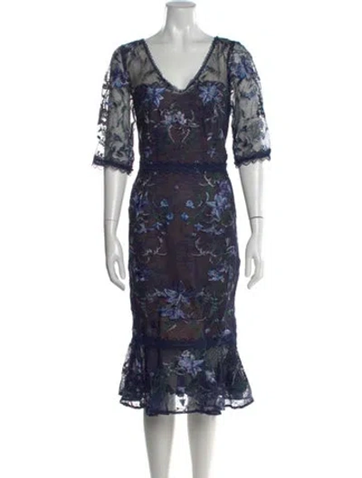 Pre-owned Marchesa Notte Lace Pattern Midi Length Dress In Blue