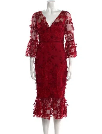 Pre-owned Marchesa Notte Lace Pattern Midi Length Dress W/ Tags In Red