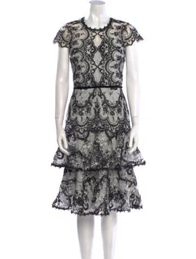 Pre-owned Marchesa Notte Lace Pattern Midi Length Dress In White
