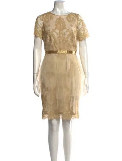 Pre-owned Marchesa Notte Lace Pattern Mini Dress In Gold/neutrals