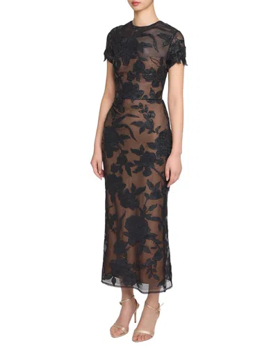 Marchesa Notte Leather Guipure Sheath Maxi Dress In Black