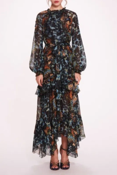 Marchesa Notte Long Billowy Sleeve Maxi Dress In Multi