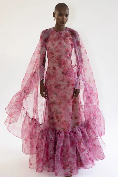Marchesa Notte Long Cape Sleeve Evening Dress In Multi