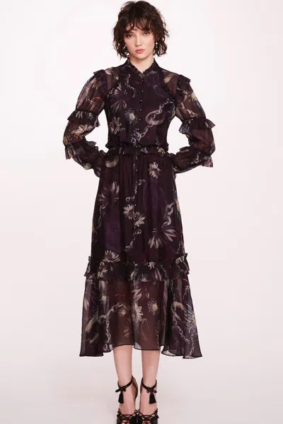 Marchesa Notte Long-sleeve Buttoned Midi Dress In Multi