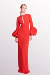 Marchesa Notte Puff-sleeve Cutout Column Gown In Multi