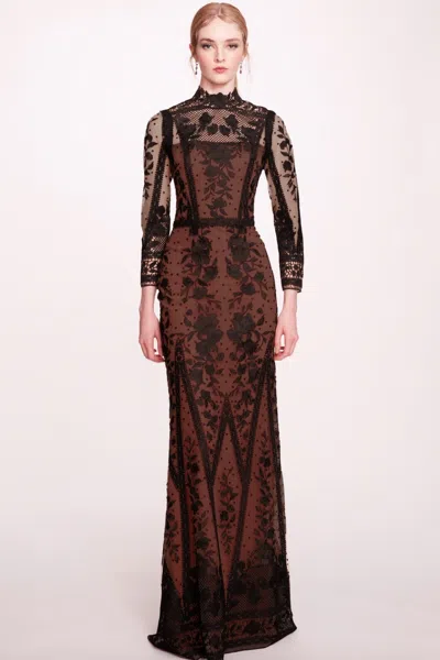 Marchesa Notte Long-sleeve Tulle Evening Dress In Multi