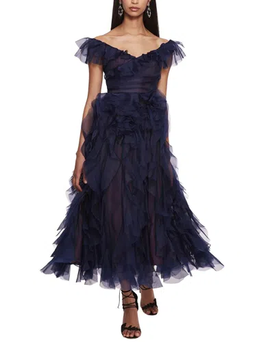 Marchesa Notte Matte Organza Midi Dress In Blue