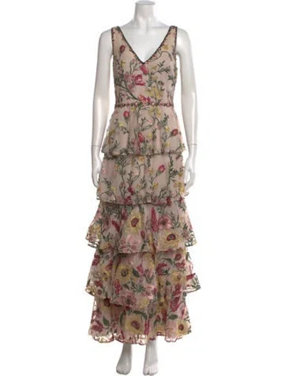 Pre-owned Marchesa Notte Mesh Long Dress In Neutral