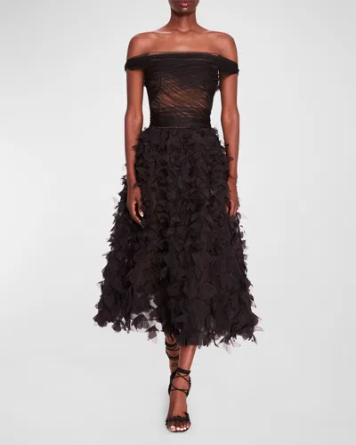 Marchesa Notte Off-shoulder Floral Applique Midi Dress In Multi