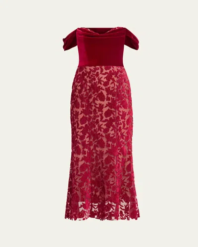 Marchesa Notte Off-shoulder Floral Velvet Midi Dress In Burgundy