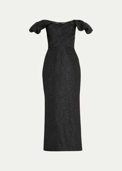 Marchesa Notte Off-shoulder Jacquard Midi Dress In Black