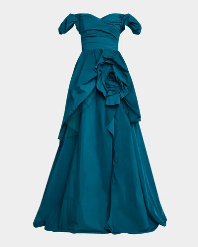 Marchesa Notte Off-shoulder Ruffle Taffeta Gown In Peacock