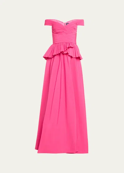 Marchesa Notte Off-shoulder Taffeta Peplum Gown In Pink