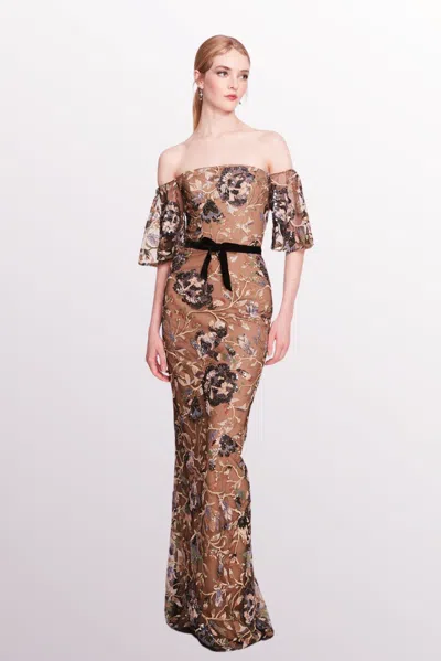 Marchesa Notte Off-shoulder Tulle Maxi Dress In Multi