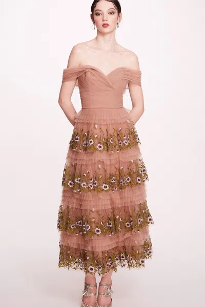 Marchesa Notte Off Shoulder Tulle Midi Dress In Multi