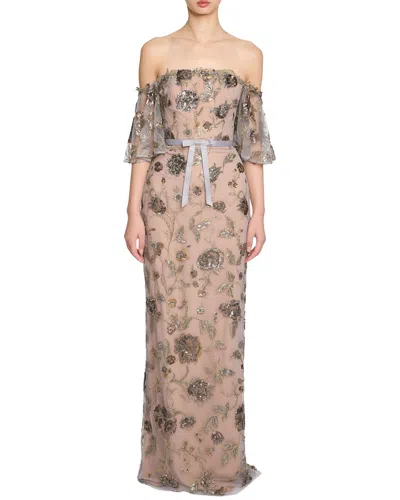 Marchesa Notte Off The Shoulder Beaded Illusion Column Dress In Brown