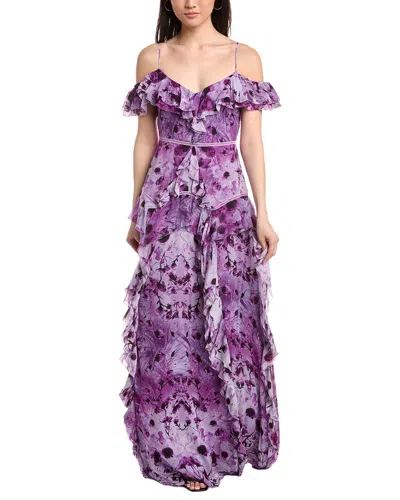 Marchesa Notte Off-the-shoulder Ruffled Neckline Gown In Purple
