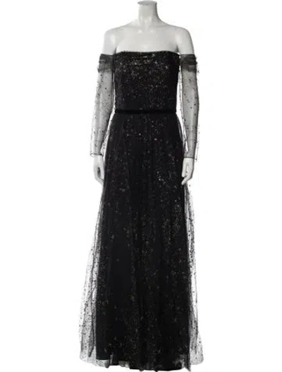 Pre-owned Marchesa Notte Off-the-shoulder Long Dress In Black