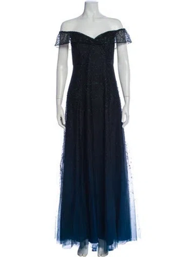Pre-owned Marchesa Notte Off-the-shoulder Long Dress In Blue