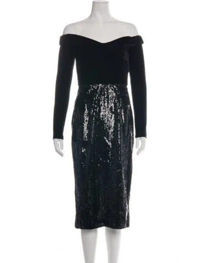 Pre-owned Marchesa Notte Off-the-shoulder Midi Length Dress In Black