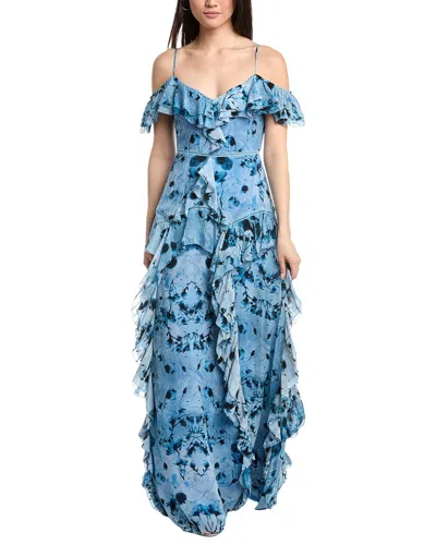 Marchesa Notte Off-the-shoulder Ruffled Neckline Gown In Blue