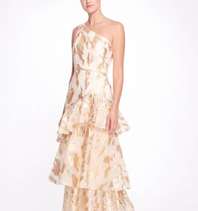 MARCHESA NOTTE ONE SHOULDER ASYMMETRICAL TIERED GOWN