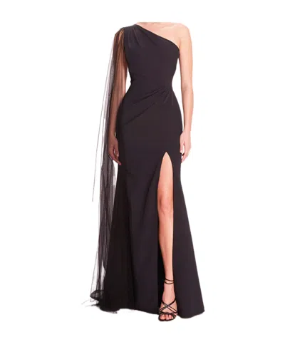 Marchesa Notte One-shoulder Cape Gown In Black