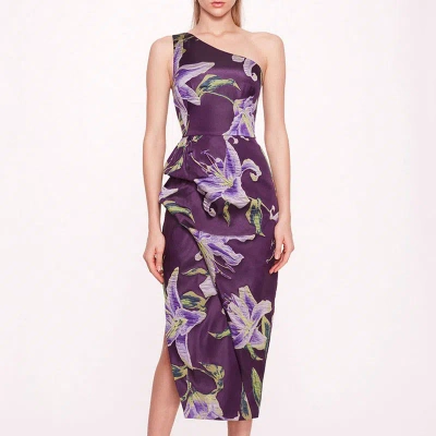 Marchesa Notte One Shoulder Drape Midi Dress In Purple