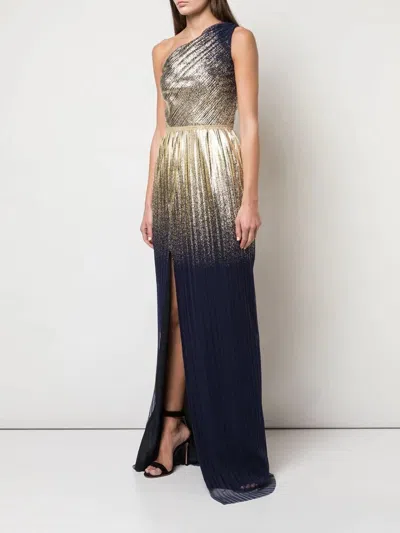 Pre-owned Marchesa Notte One-shoulder Pleated Foil Gown 0 2 4 6 8 10 Rv$895 In Gold