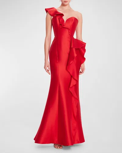 Marchesa Notte One-shoulder Ruffle Trumpet Gown In Red
