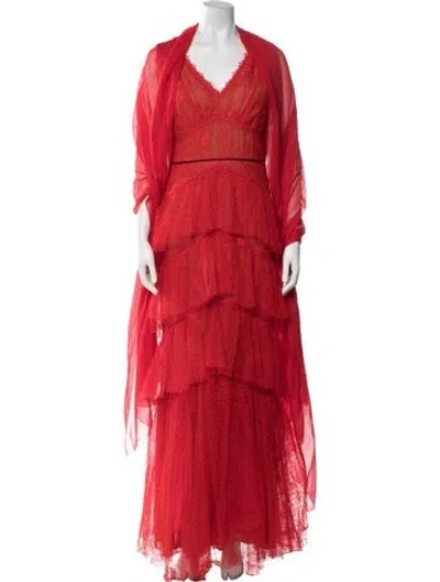 Pre-owned Marchesa Notte Patterned Long Dress In Red