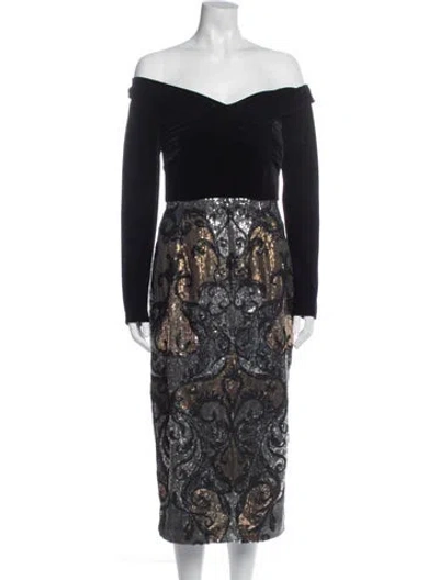Pre-owned Marchesa Notte Patterned Midi Length Dress In Black