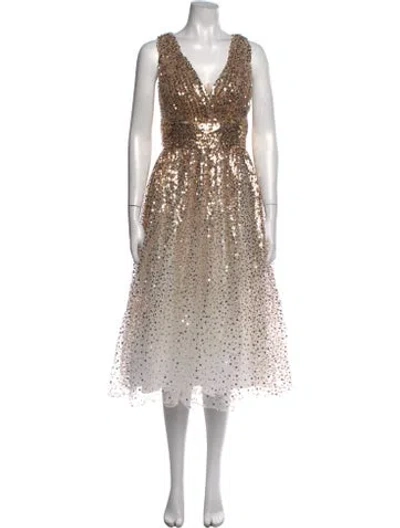 Pre-owned Marchesa Notte Patterned Midi Length Dress In Gold