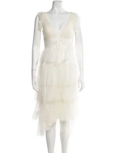 Pre-owned Marchesa Notte Patterned Midi Length Dress In White