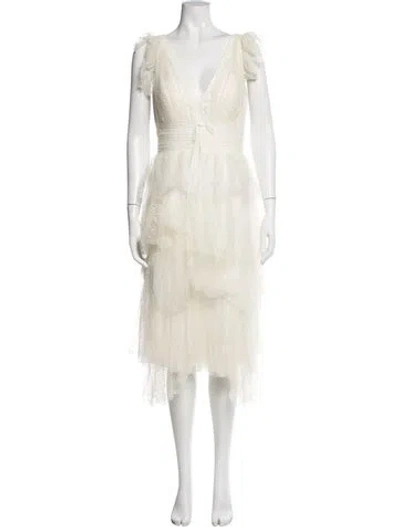 Pre-owned Marchesa Notte Patterned Midi Length Dress In White