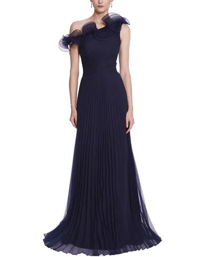Marchesa Notte Pebble Organza Pleated Gown In Blue
