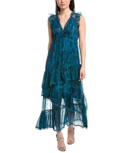 Marchesa Notte Pleated Chiffon V-neck Maxi Dress In Blue