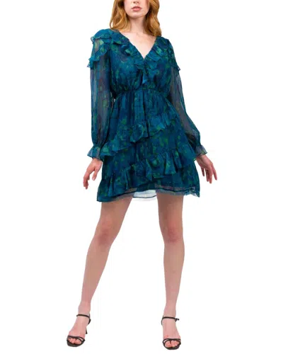 Marchesa Notte Pleated Long Sleeve Chiffon Mini Dress In Green