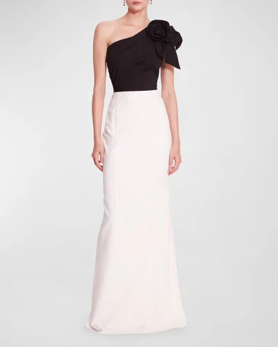 Marchesa Notte Pleated One-shoulder Two-tone Column Gown In Black Ivory