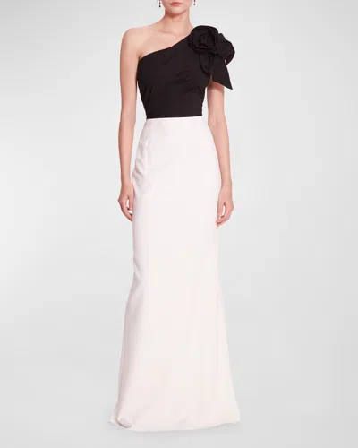 Marchesa Notte Pleated One-shoulder Two-tone Column Gown In Multi