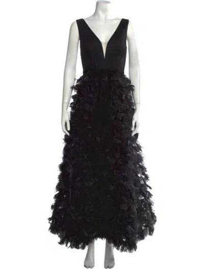 Pre-owned Marchesa Notte Plunge Neckline Long Dress In Black