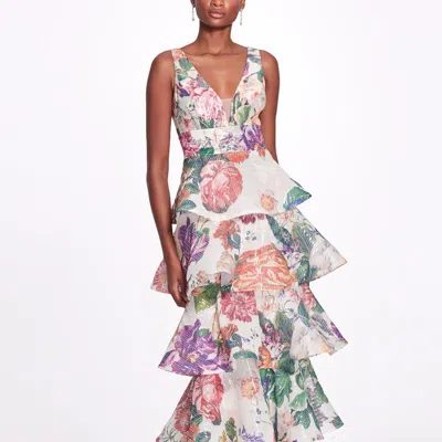 MARCHESA NOTTE PLUNGING V-NECK FLORAL PRINTED GOWN