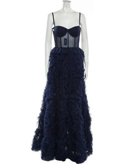 Pre-owned Marchesa Notte Polka Dot Print Long Dress In Blue