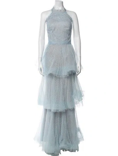 Pre-owned Marchesa Notte Polka Dot Print Long Dress In Blue