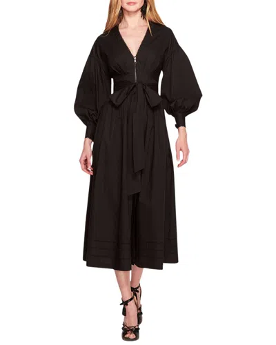 Marchesa Notte Poplin Midi V-neck Dress In Black