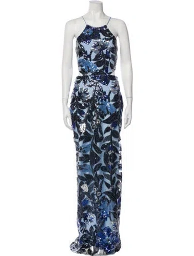 Pre-owned Marchesa Notte Printed Long Dress In Blue
